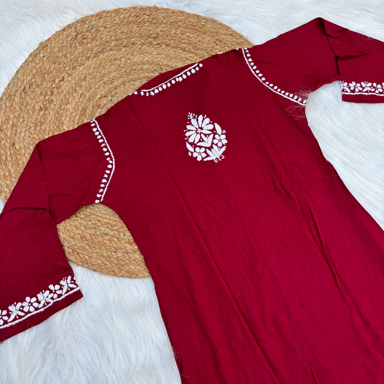 Rihana Rayon Chikankari Short Kurti Plazo Coord Set - Maroon colour - Chikankaar