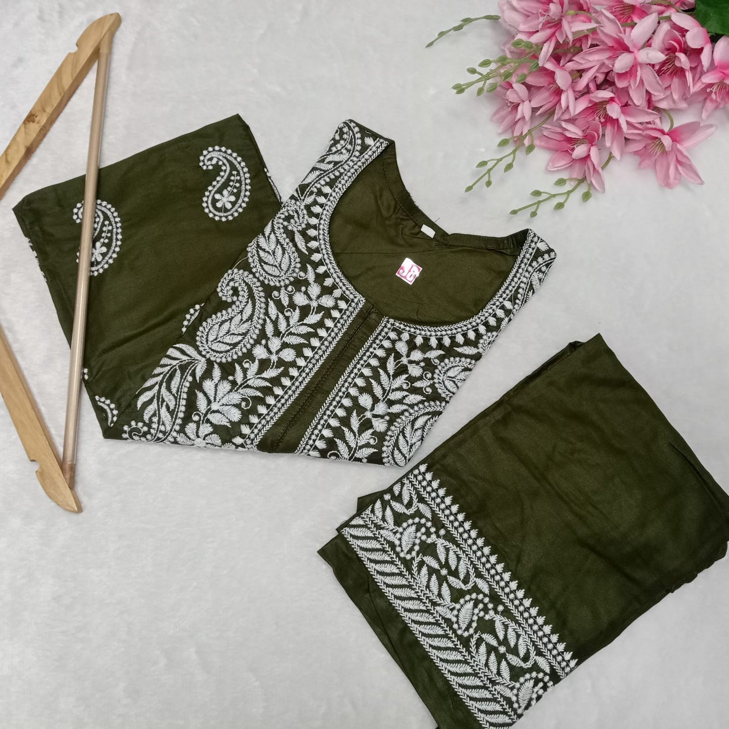 Rayon Chikankari Machine Work Kurti Plazo Set- Mehendi Colour - Chikankaar