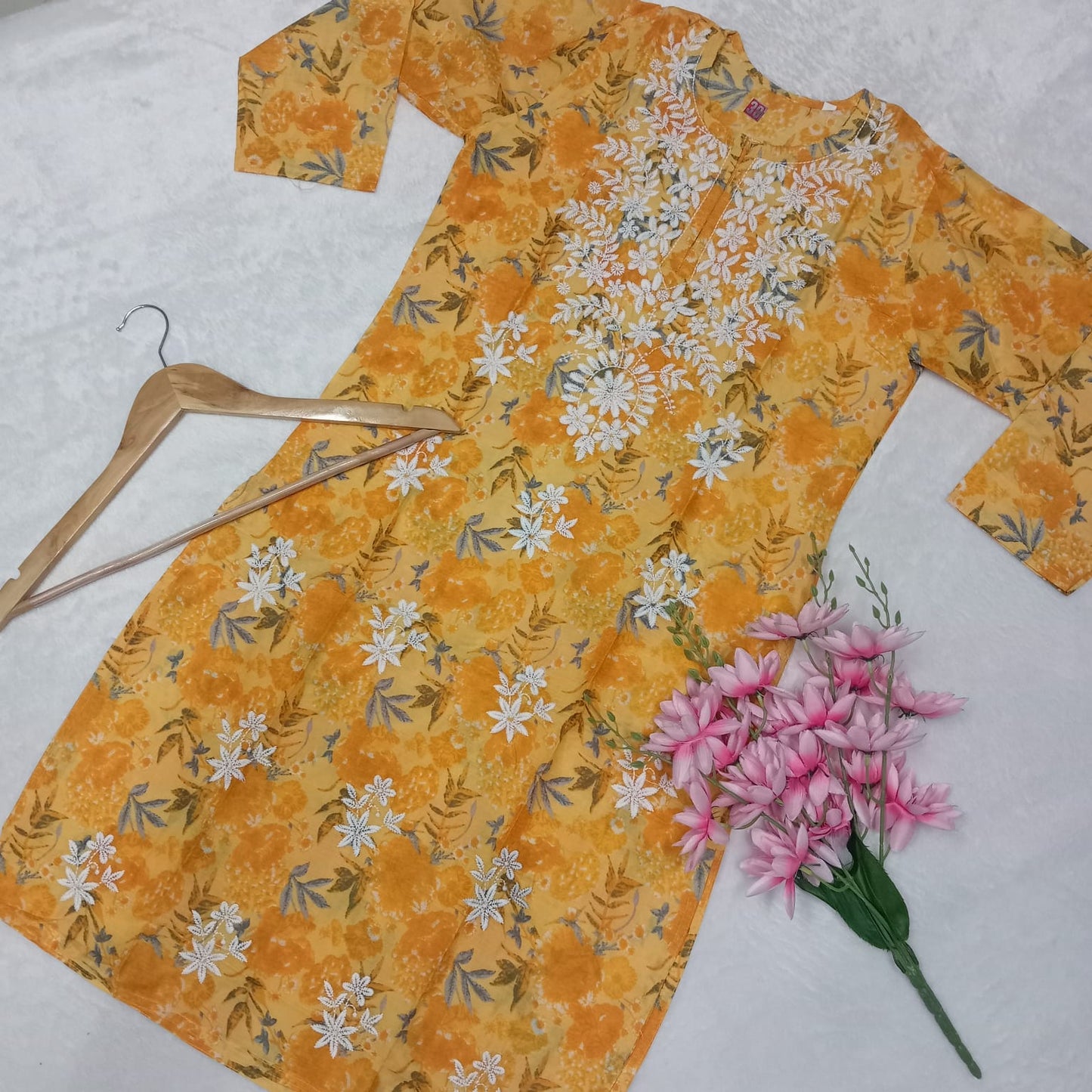 MULMUL COTTON CHIKANKARI MACHINE WORK KURTI - YELLOW COLOUR - Chikankaar