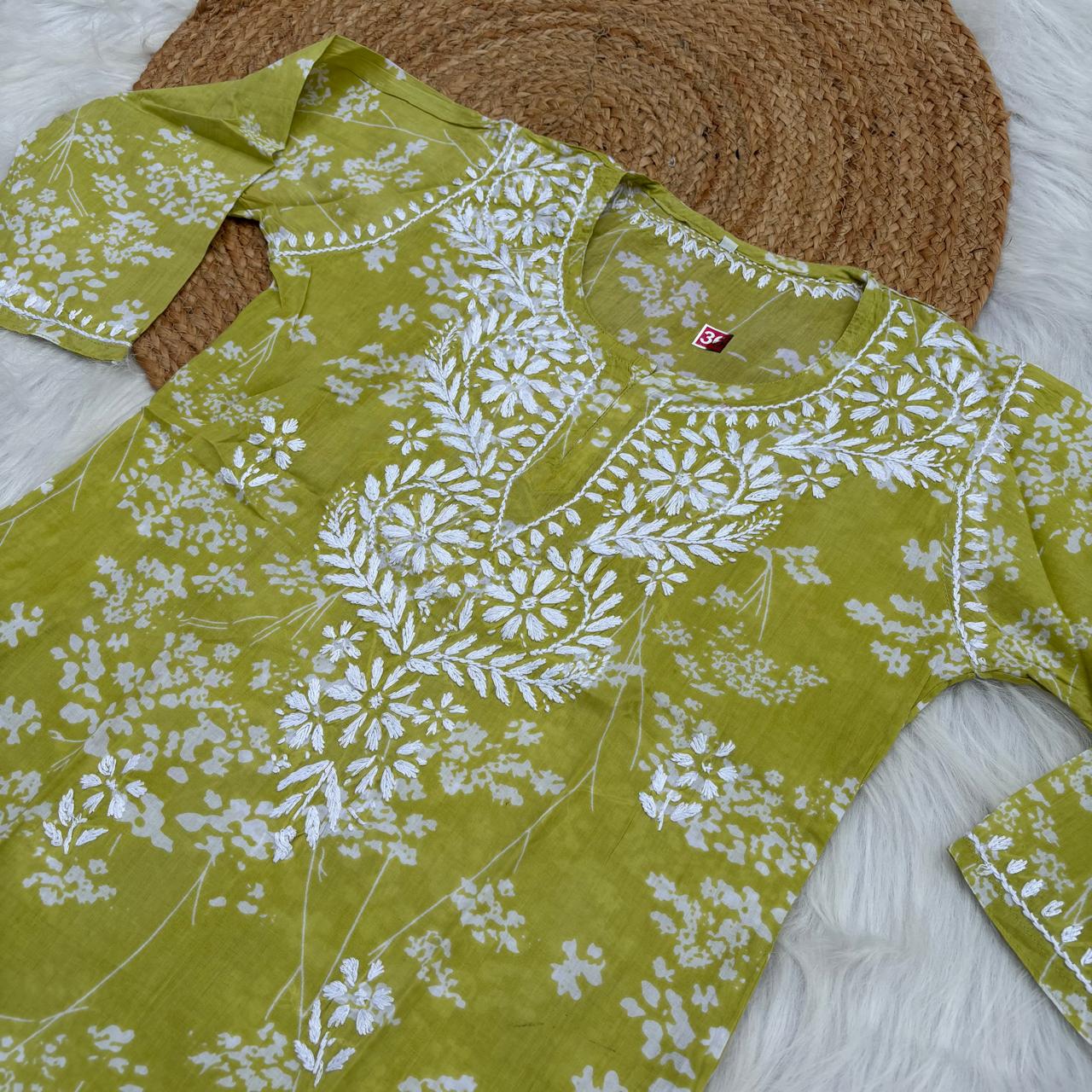 Malika Pure Mulmul Cotton Short Kurti - Green Colour