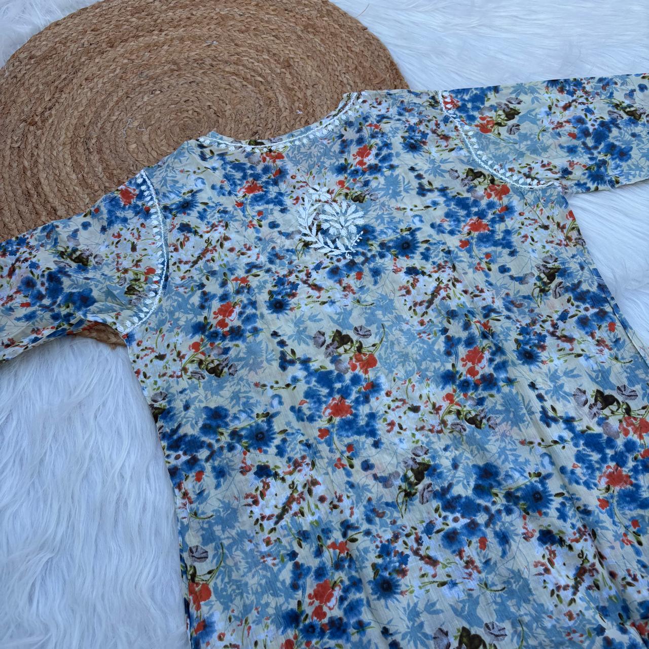 Fatima Pure Mulmul Chikankari Handwork Kurti - Blue Colour