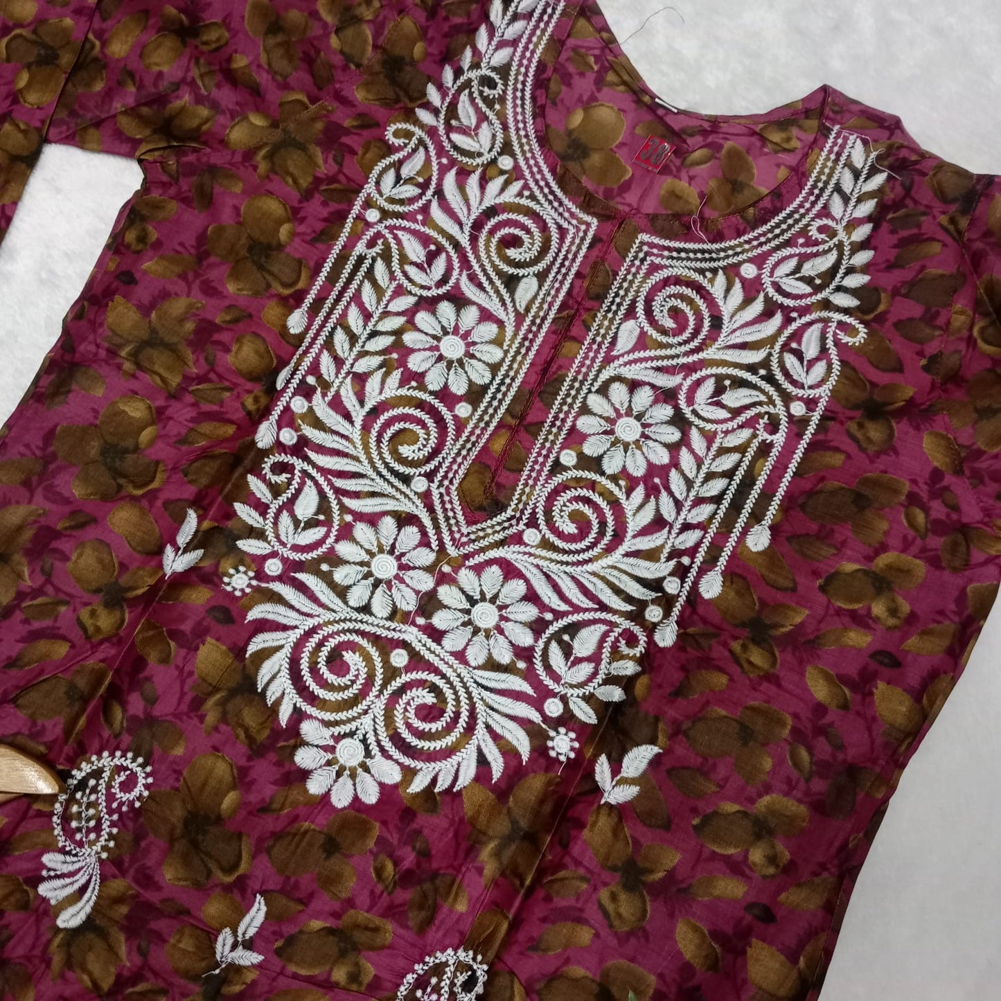 Cotton Silk Chikankari Machine Work Kurti - Cherry Colour - Chikankaar