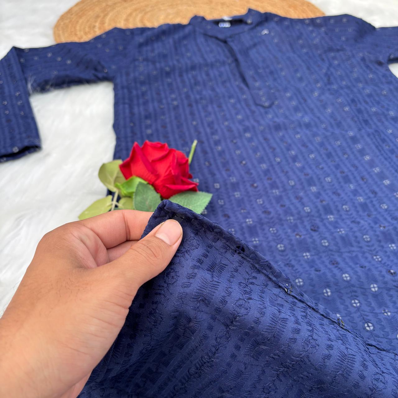 Ayaan Mens Cotton Chikankari Kurta - Blue colour
