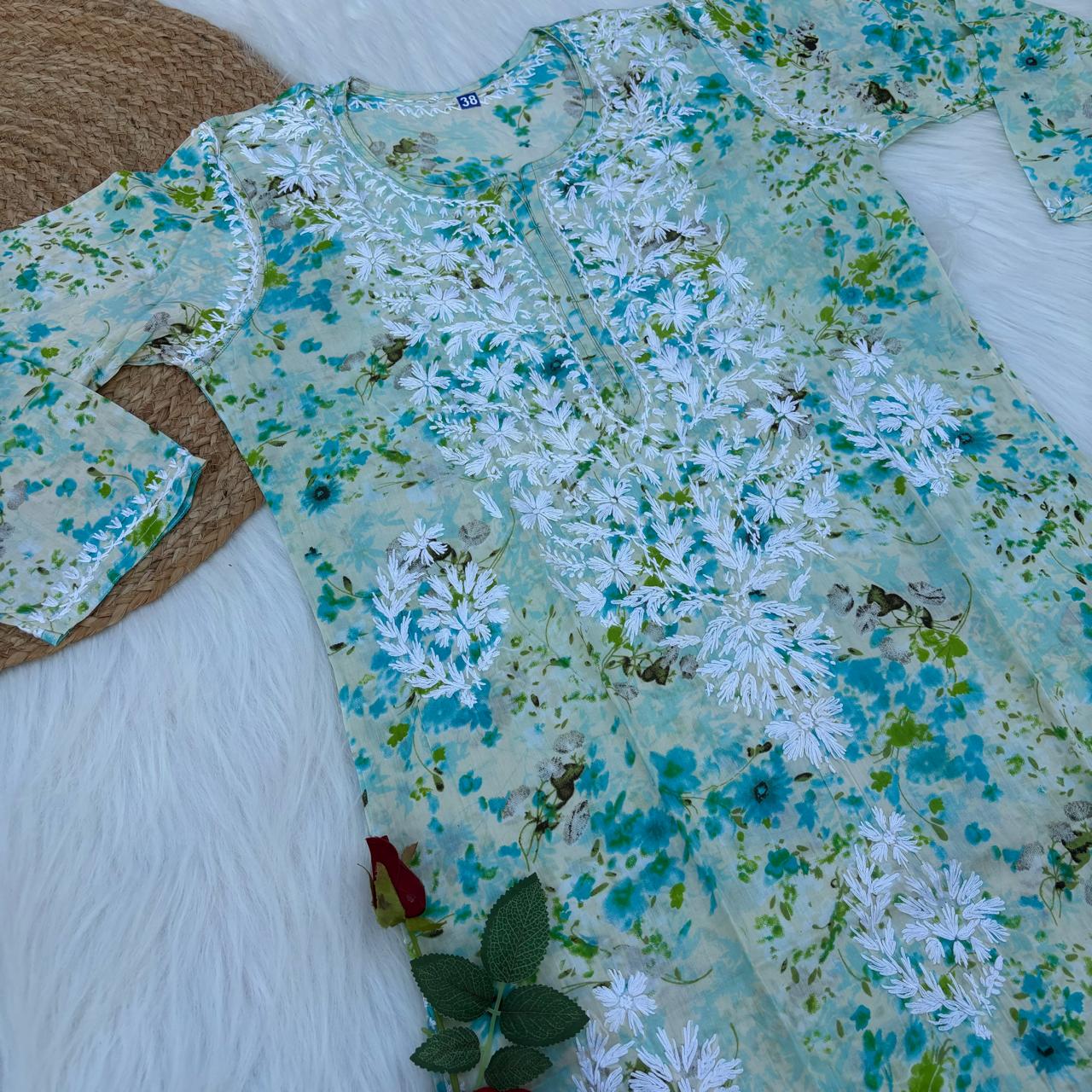 Fatima Pure Mulmul Chikankari Handwork Kurti - Sea Green Colour - Chikankaar