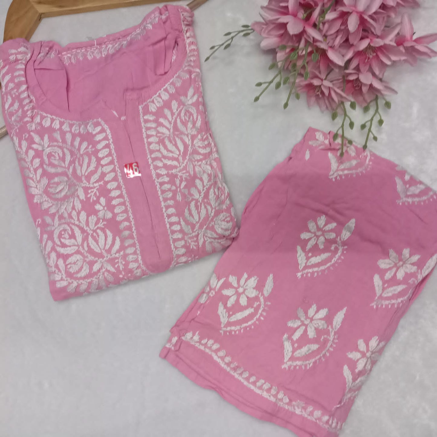 PURE RAYON KURTI PLAZO CHIKANKARI HANDWORK SET - PINK COLOUR - Chikankaar