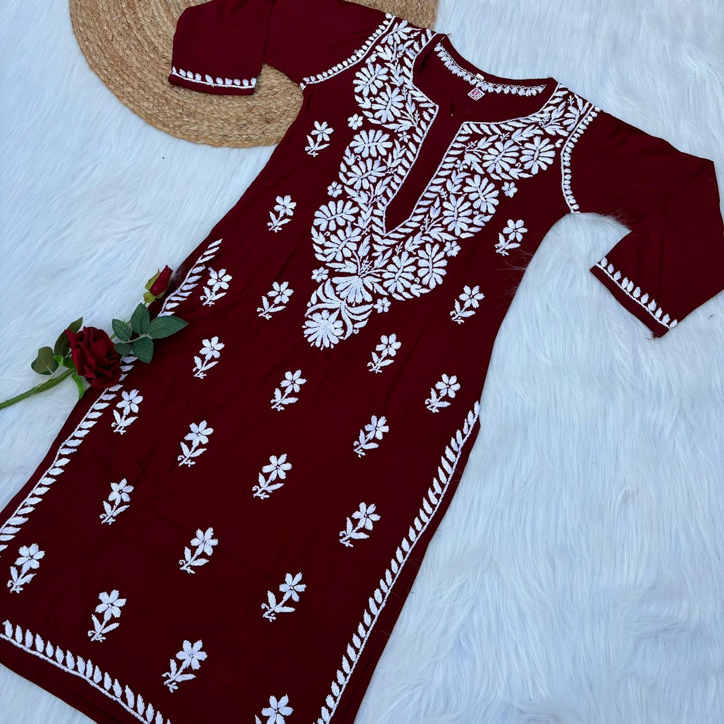 Hiba Soft Rayon Chikankari Kurti - Maroon Colour - Chikankaar