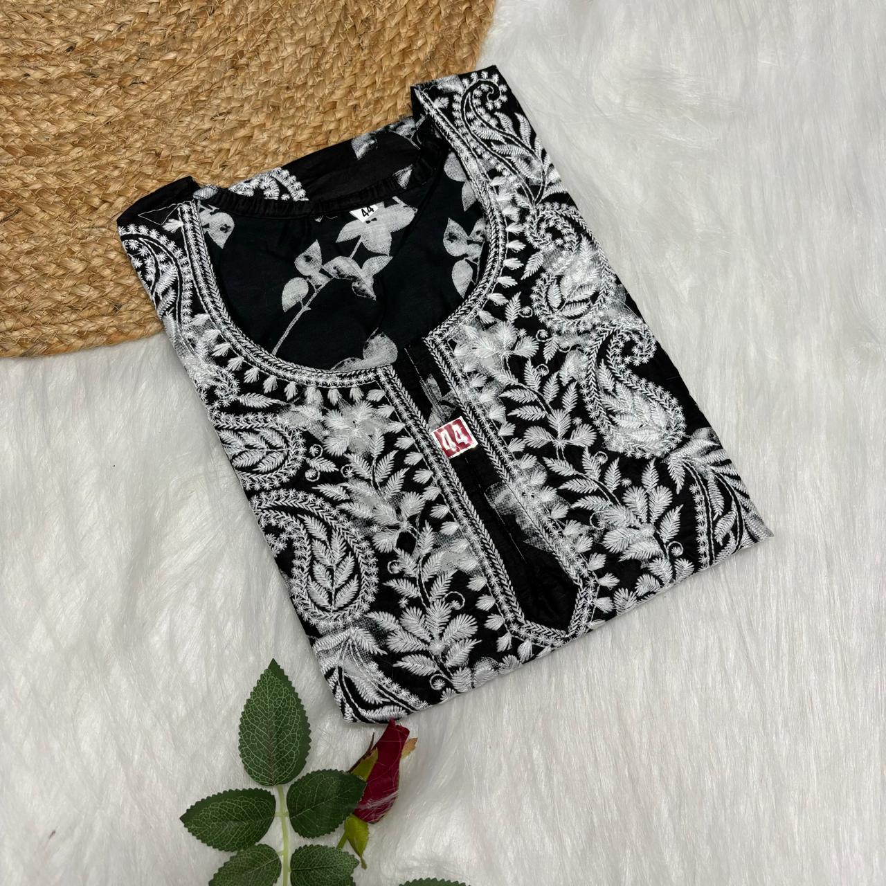 Mulmul Cotton Chikankari Machine Work Kurti -Black Colour - Chikankaar