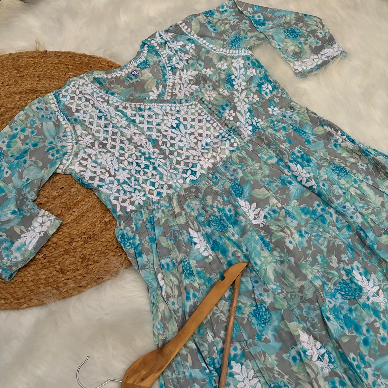 Zainab Pure Mulmul Cotton Gown - Sky Blue Colour - Chikankaar
