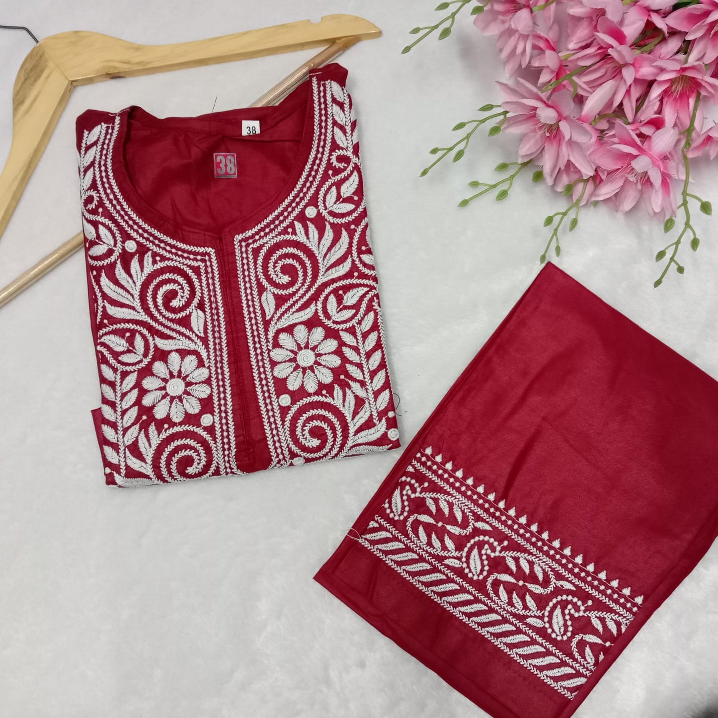 Rayon Chikankari Machine Work Kurti Plazo Set- Red Colour - Chikankaar