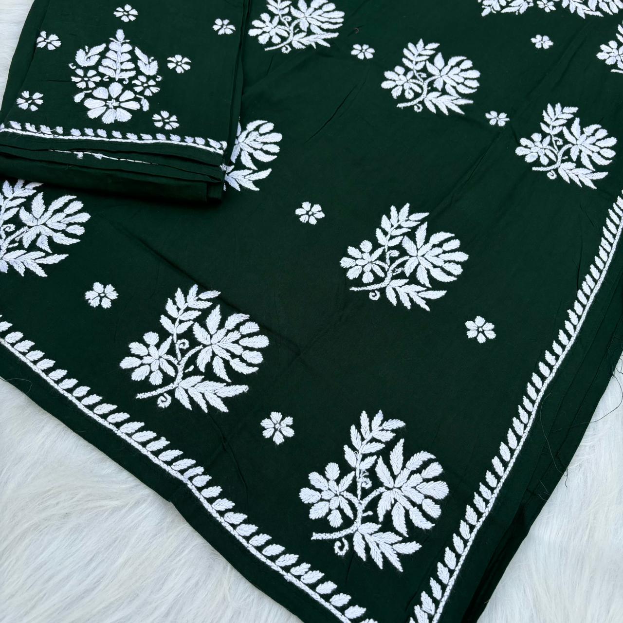 Jannat Soft Rayon Chikankari Kurti Plazo Set - Dark Green colour - Chikankaar
