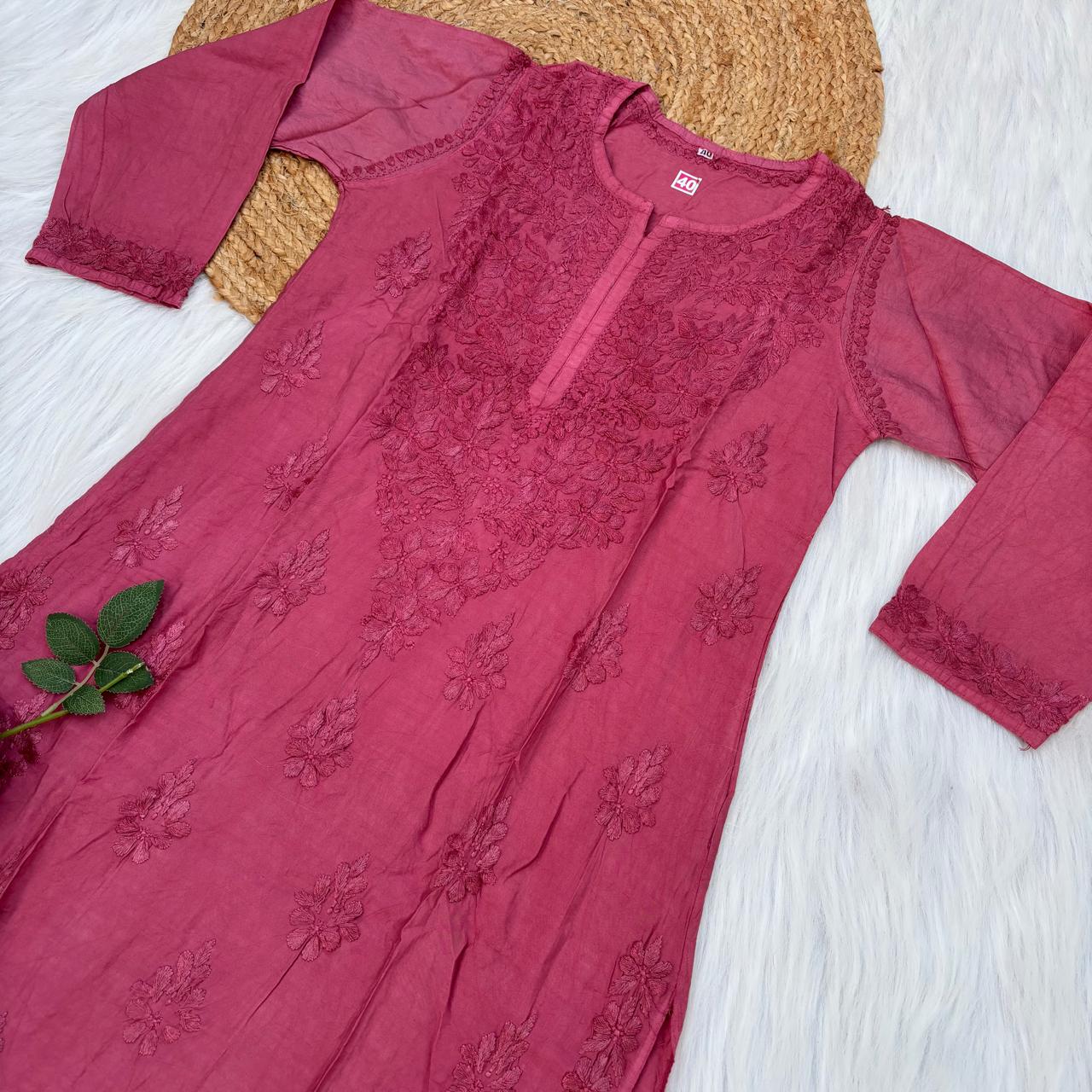 Zooni Chanderi Lucknowi Chikankari Dyed Kurti-Magenta colour