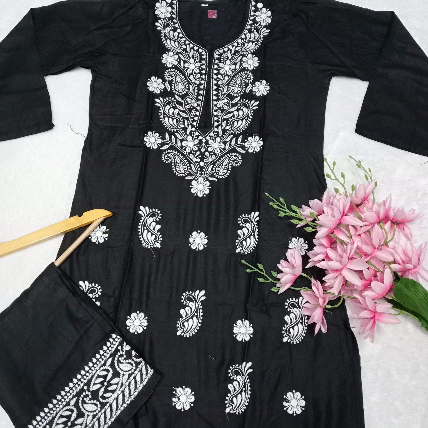 RAYON CHIKANKARI MACHINE WORK KURTI PLAZO SET-BLACK COLOUR - Chikankaar