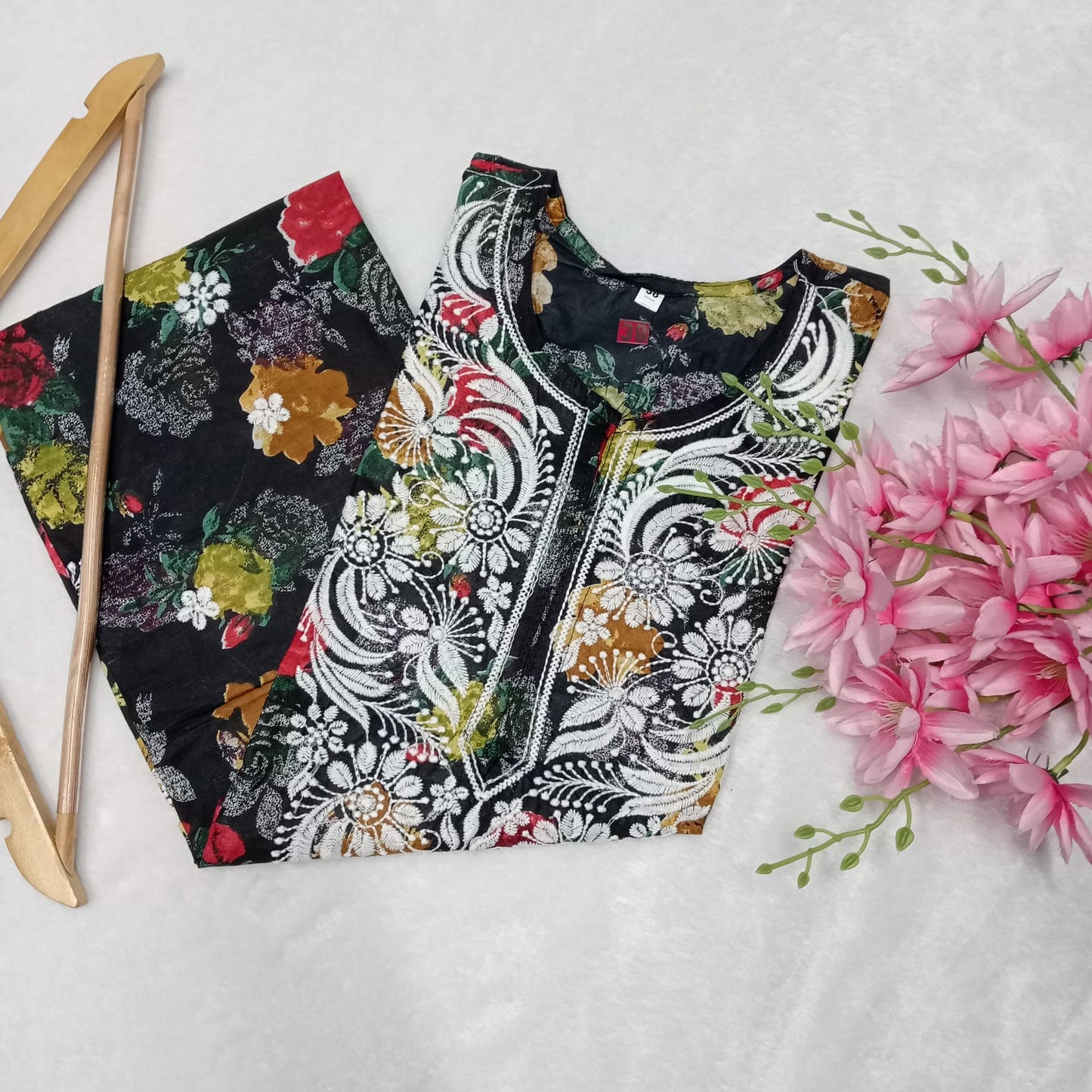 MULMUL COTTON FLORAL PRINT CHIKANKARI MACHINE WORK KURTI -BLACK COLOUR - Chikankaar