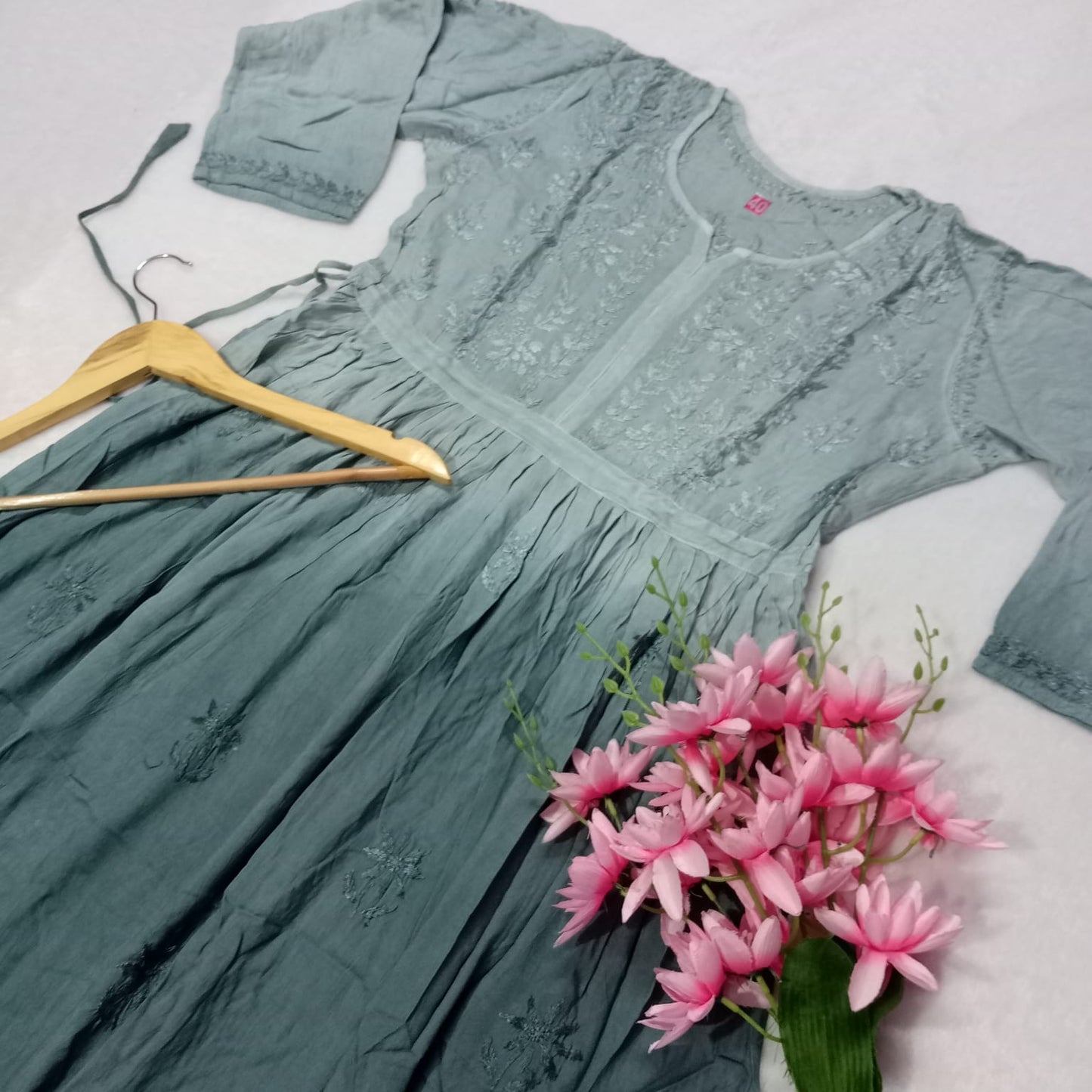 Pure Modal Dual Shaded Chikankari Gown With Dori -Grey Colour - Chikankaar