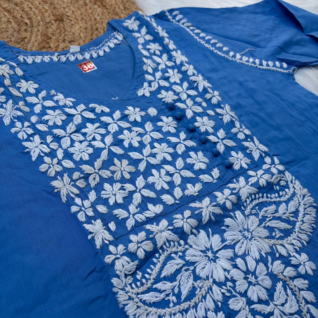 Sabeena Pure Cotton Chikankari Kurti Blue Colour