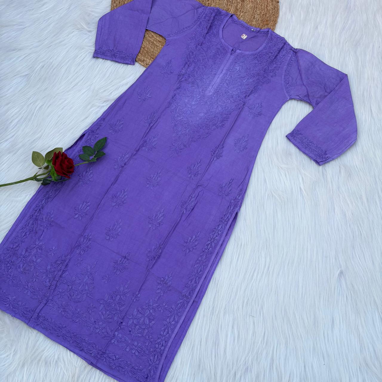 Zooni Chanderi Lucknowi Chikankari Dyed Kurti- Purple colour