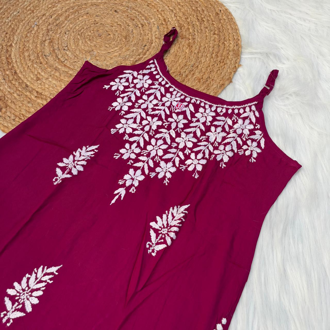 Safa Rayon Chikankari Noodle Strap Short Kurti - Light wine colour (Length - 38")