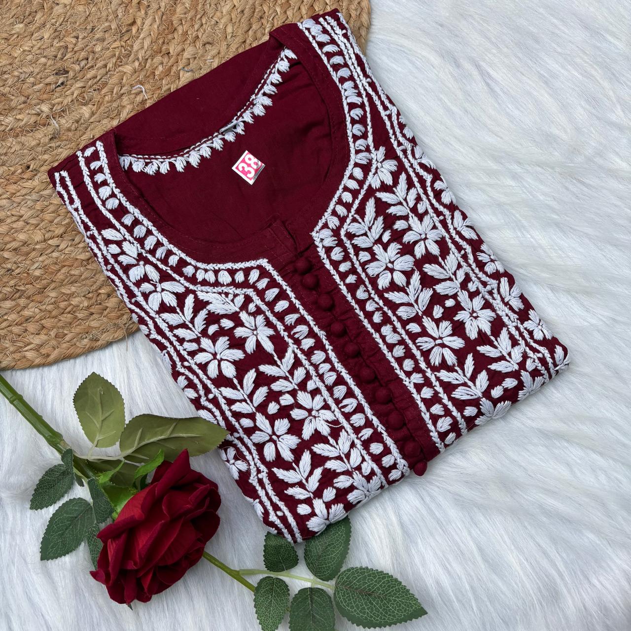 Shanaya Pure Cotton Chikankari Kurti Maroon Colour