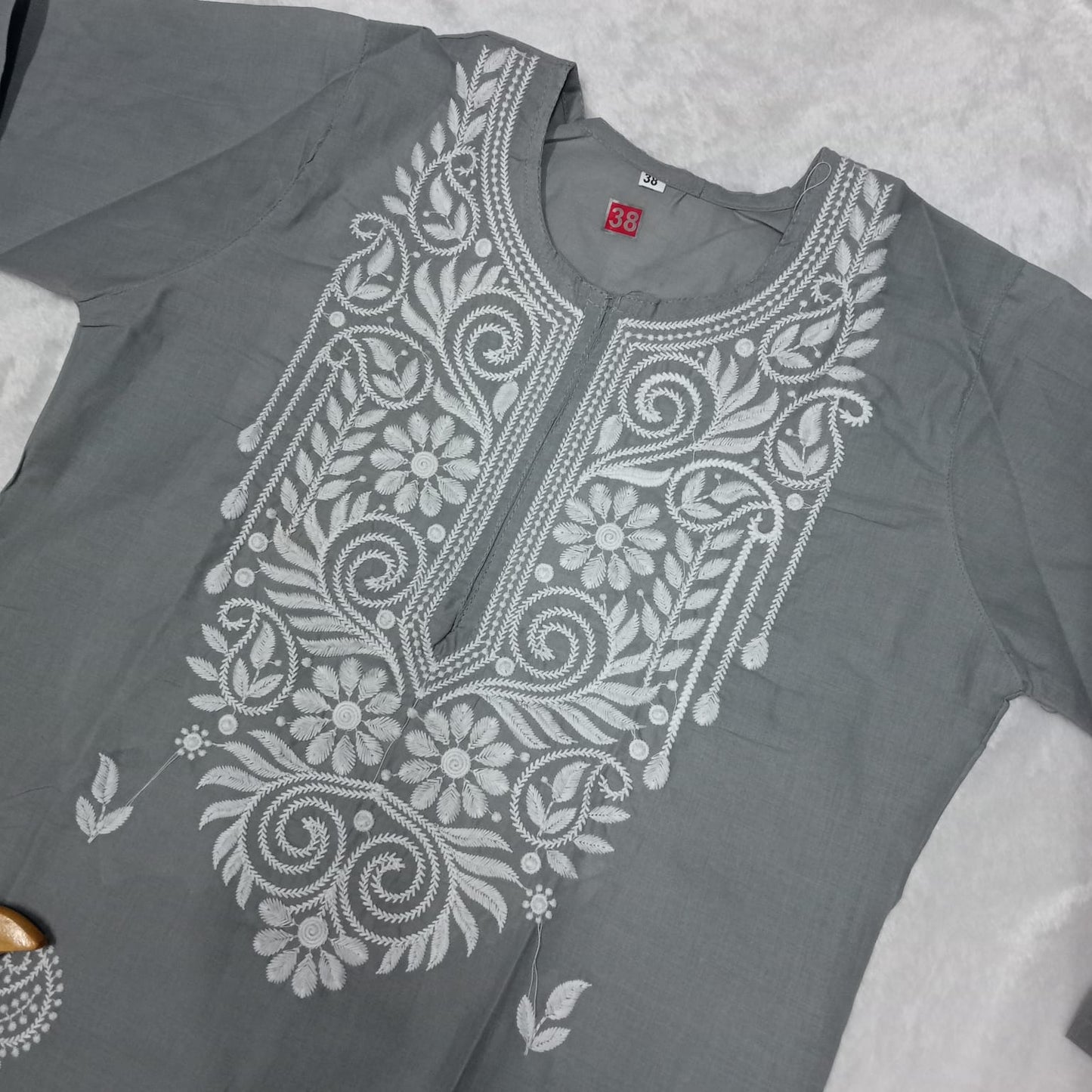 Cotton Machine Work Chikankari Kurti - Grey Colour - Chikankaar