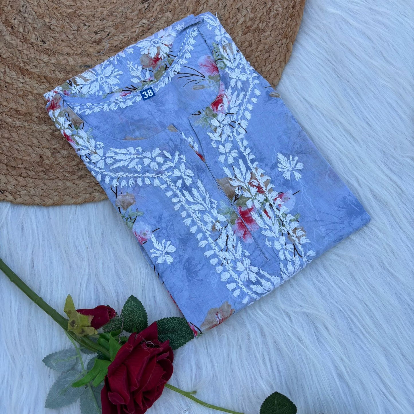 Rasha Pure Mulmul Chikankari Kurti - Blue Color