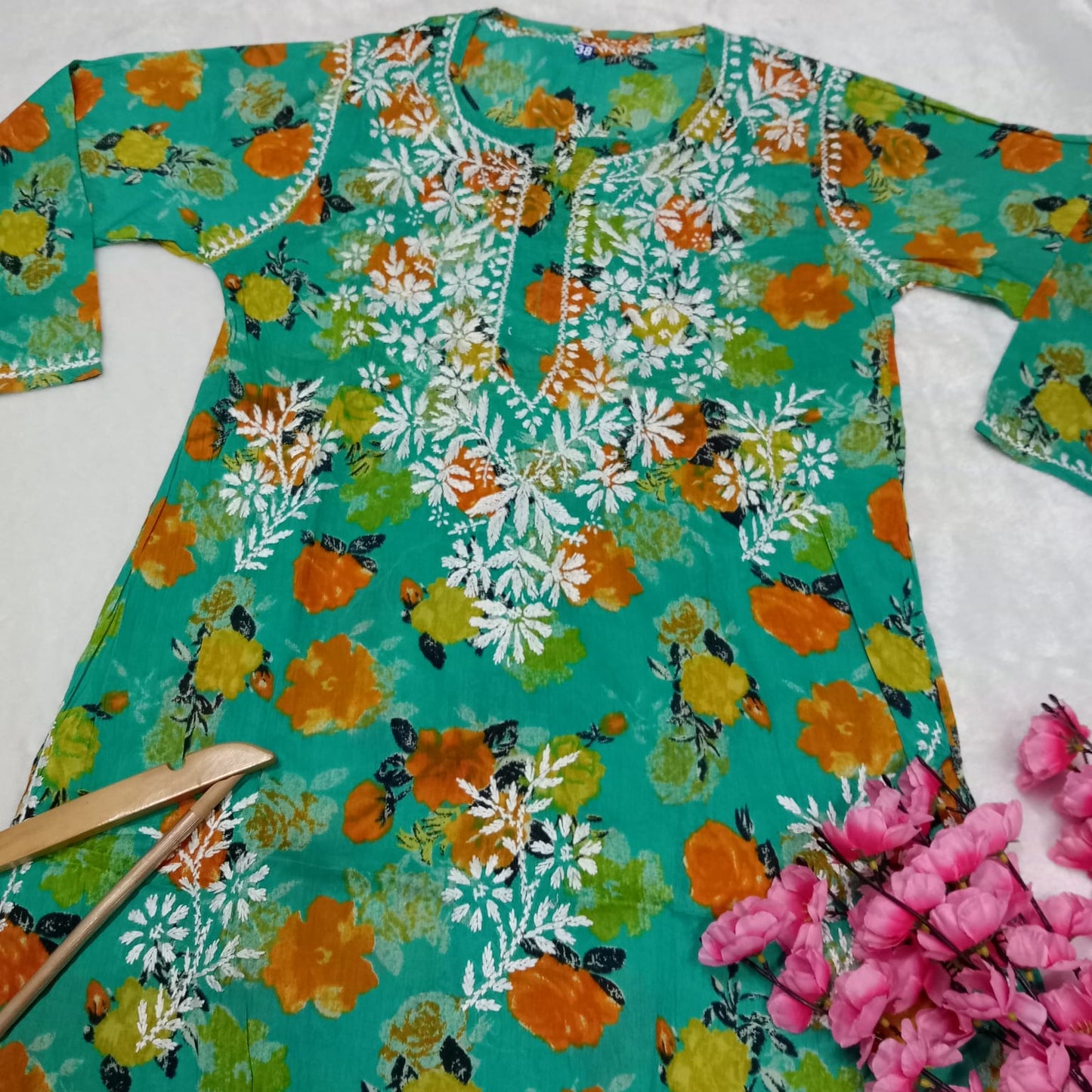 Dhanashree Inspired Mulmul Floral Printed Chikankari Handwork Kurti - Sea Green Colour - Chikankaar