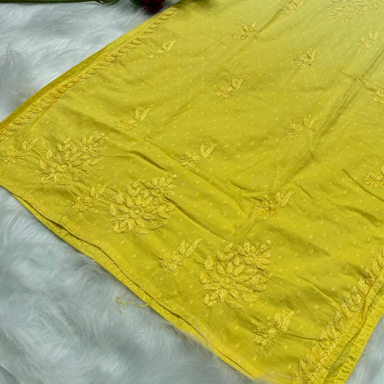 Adaah Ombre Shaded Dobby Cotton Chikankari Kurti -Yellow - Chikankaar