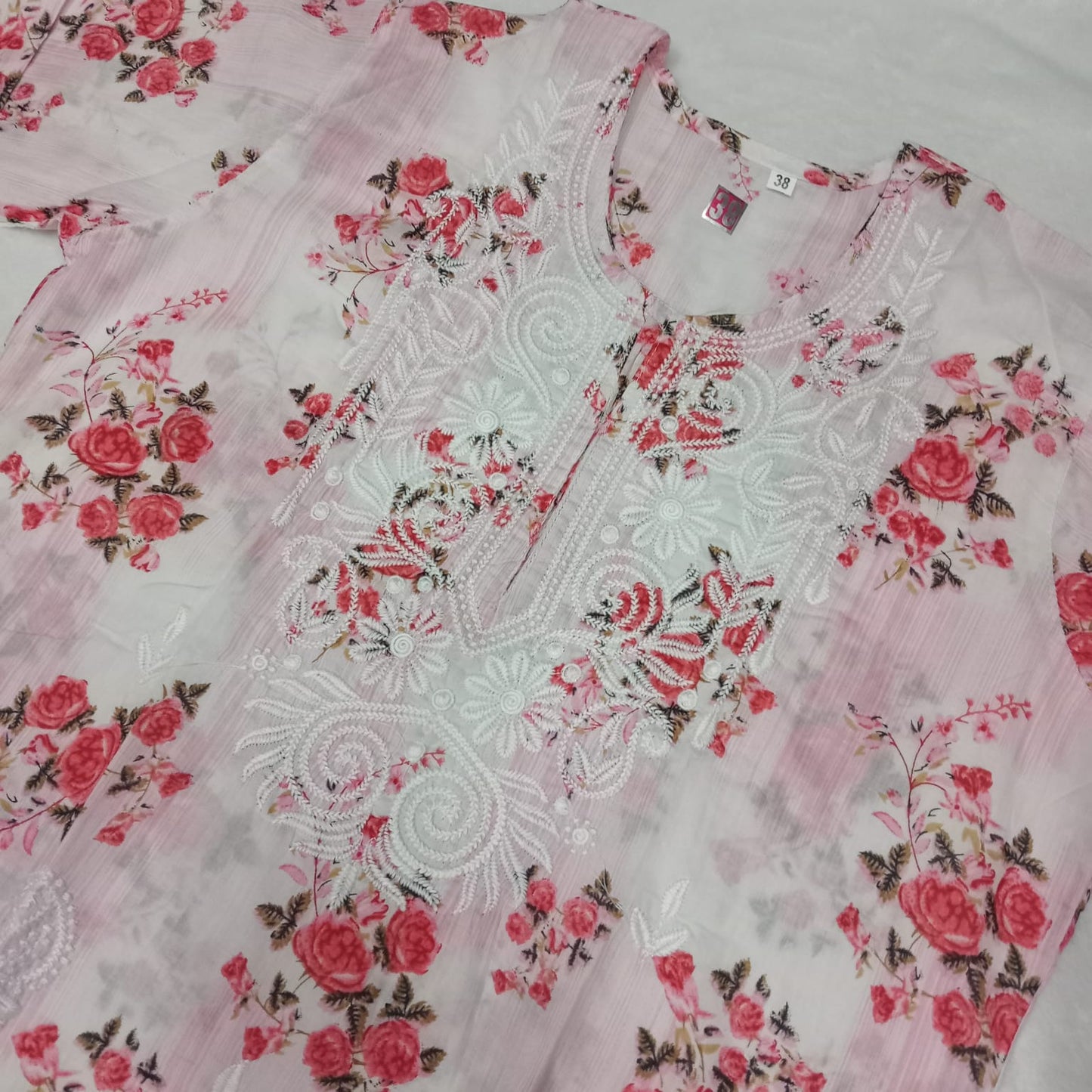 Mulmul Cotton Chikankari Machine Work Kurti -Red Colour - Chikankaar