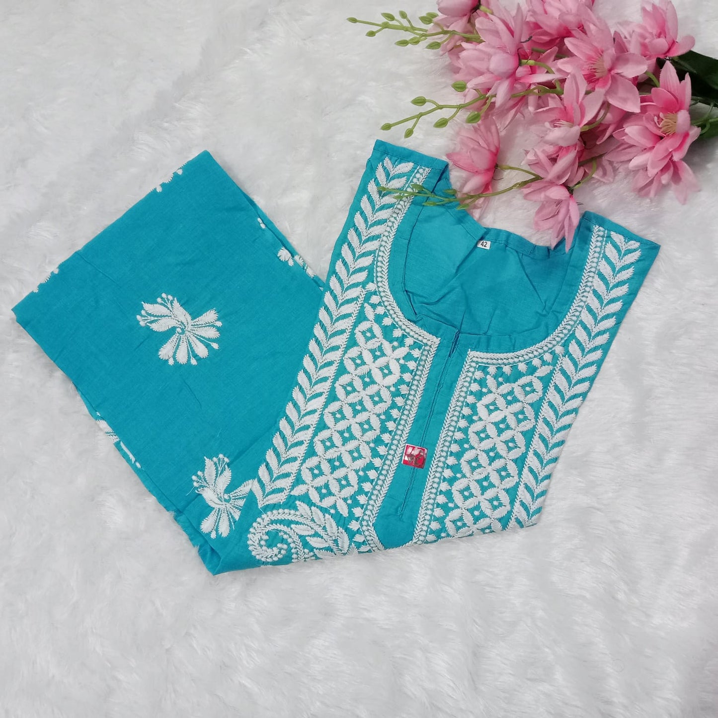COTTON MACHINE WORK CHIKANKARI KURTI BLUE COLOUR - Chikankaar