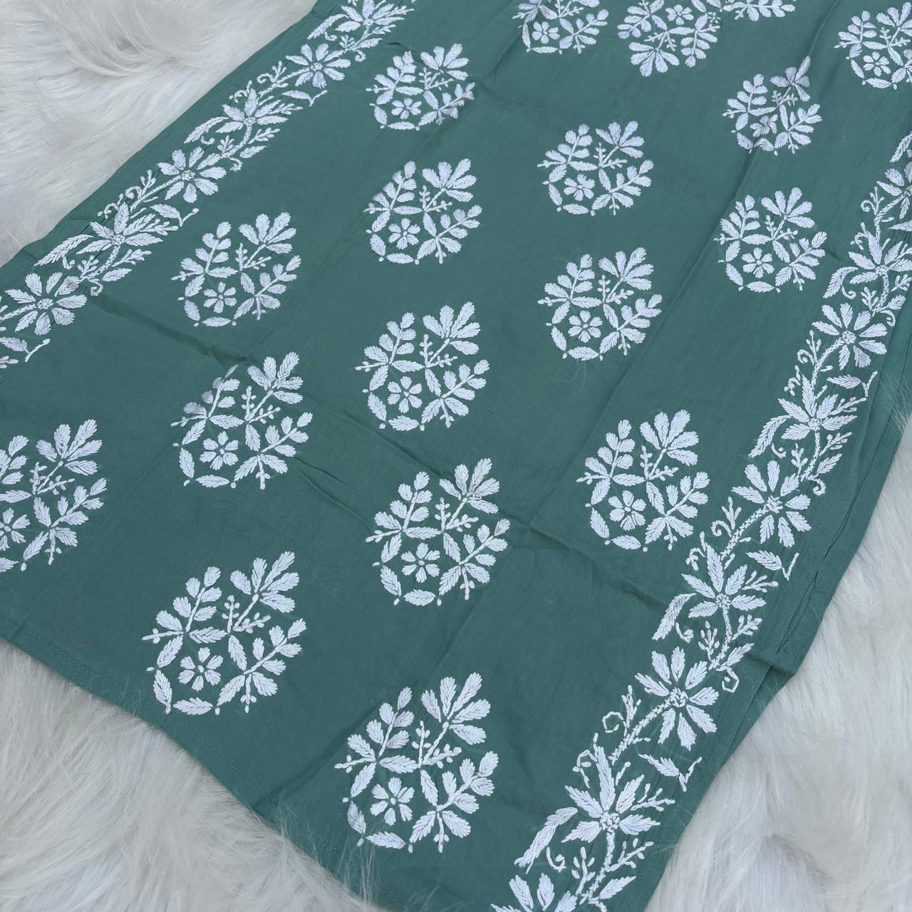 Ameena Soft Rayon Chikankari Kurti - Pista Colour