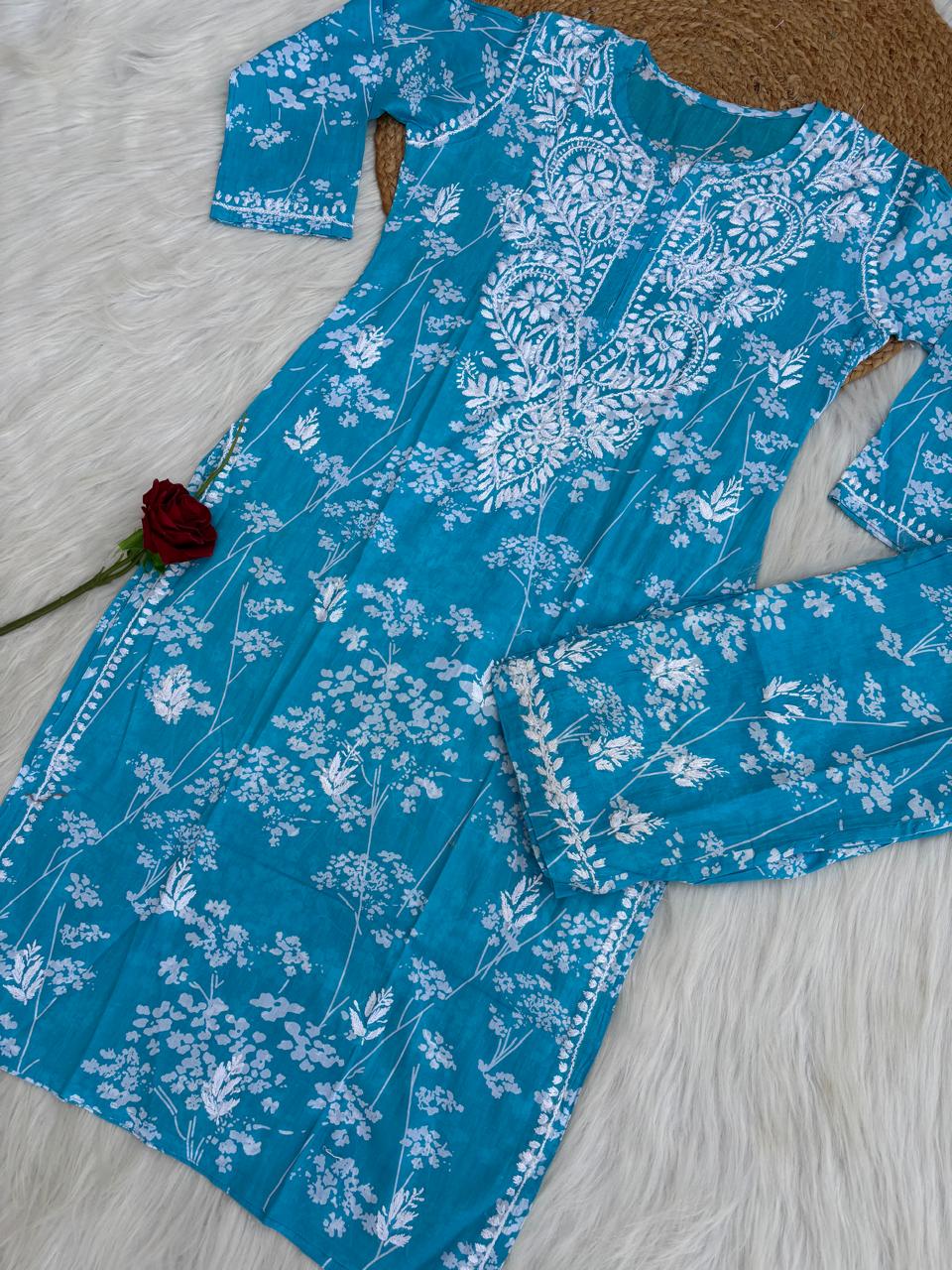 Jiya Mulmul Cotton Handwork Chikankari Kurti Set - Blue Colour