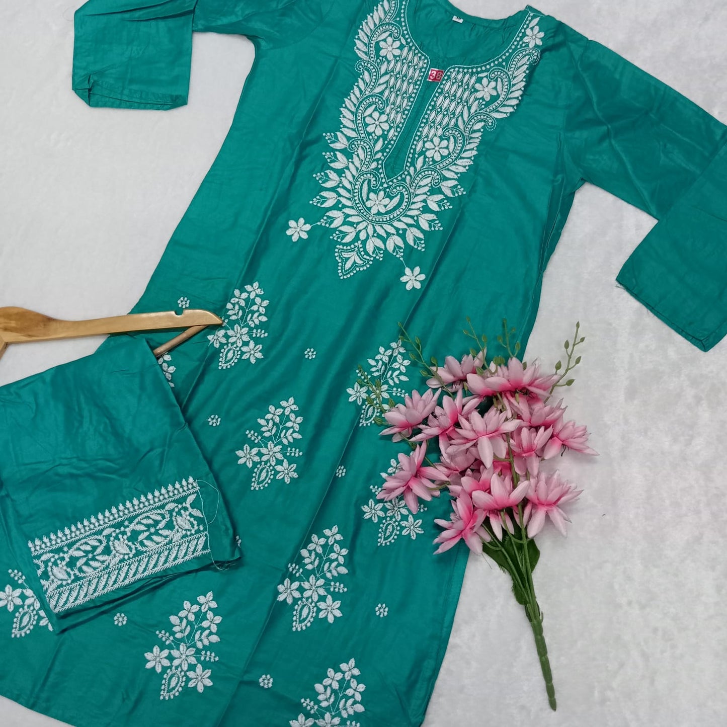 Rayon Chikankari Machine Work Kurti Plazo Set- Sea Green Colour - Chikankaar