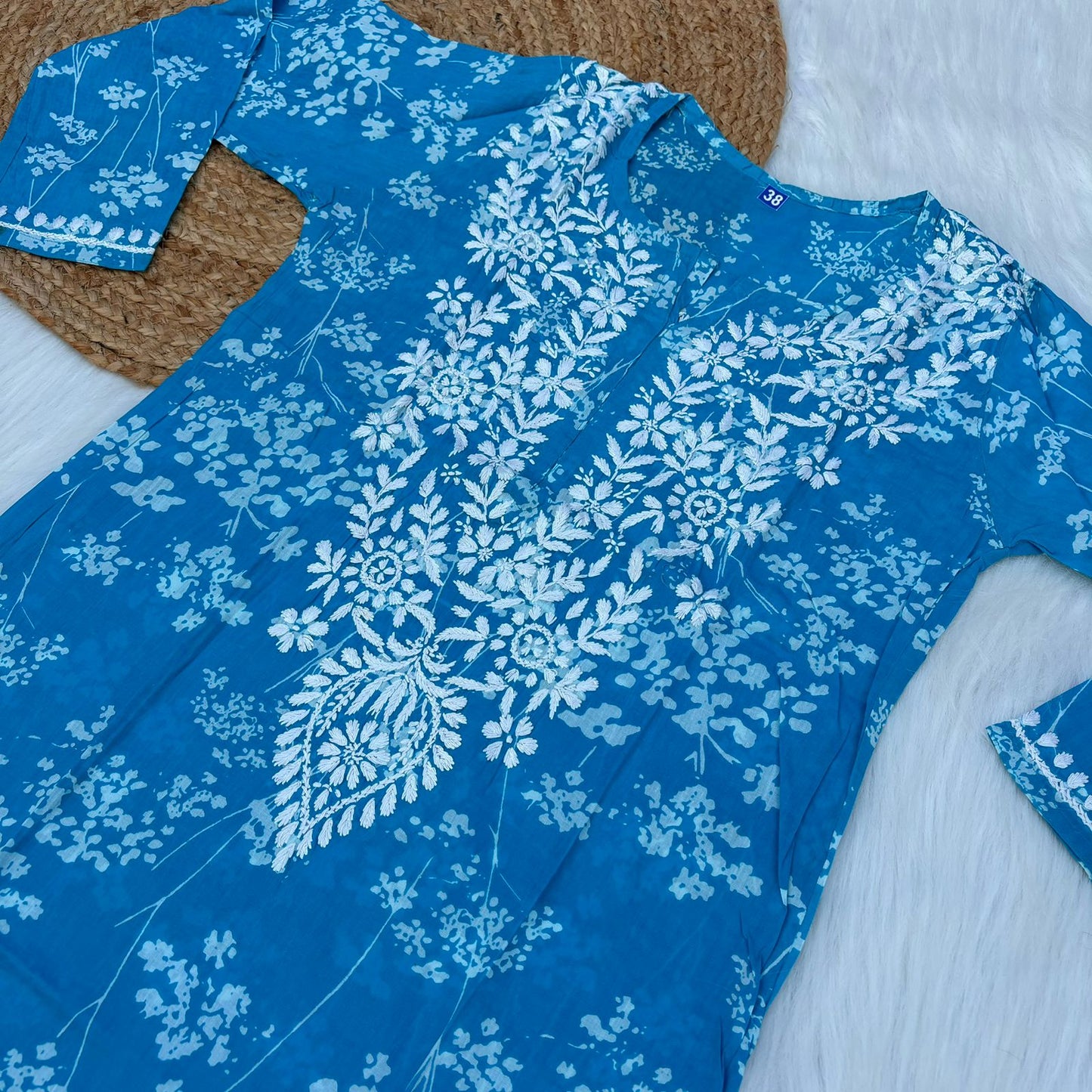 Mahira Sharma Inspired Pure Mulmul Printed Chikankari Handwork Kurti - Blue Colour - Chikankaar