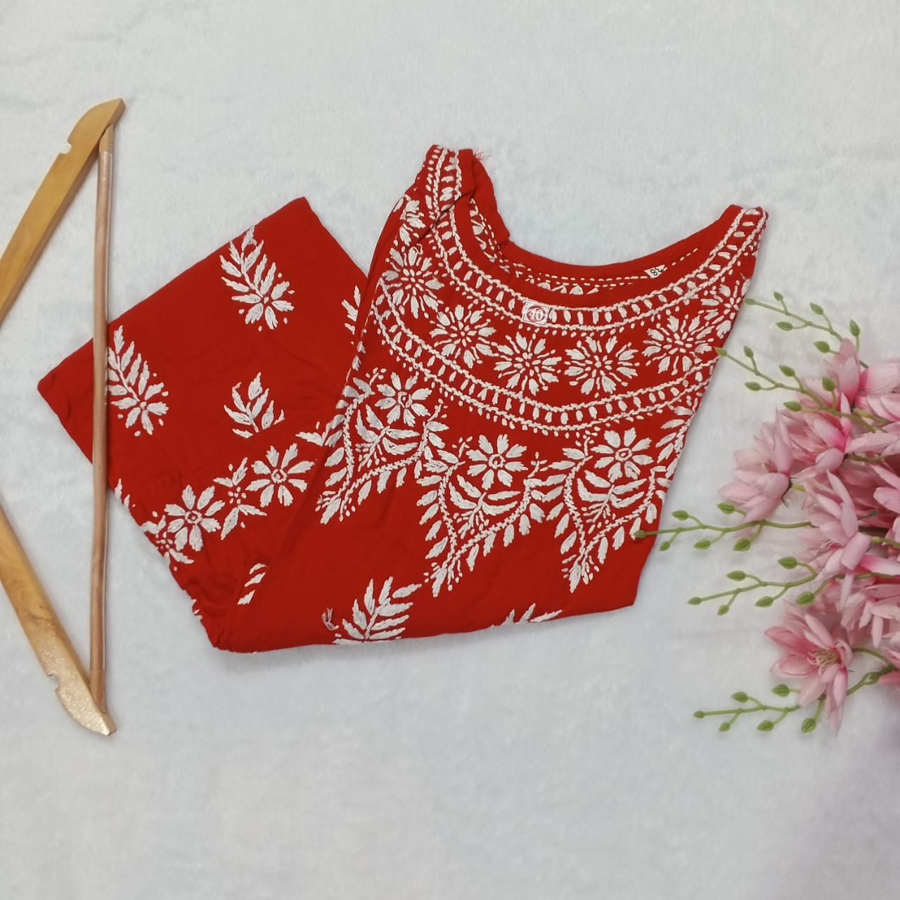 BOAT NECK RAYON CHIKANKARI KURTI -RED COLOUR - Chikankaar