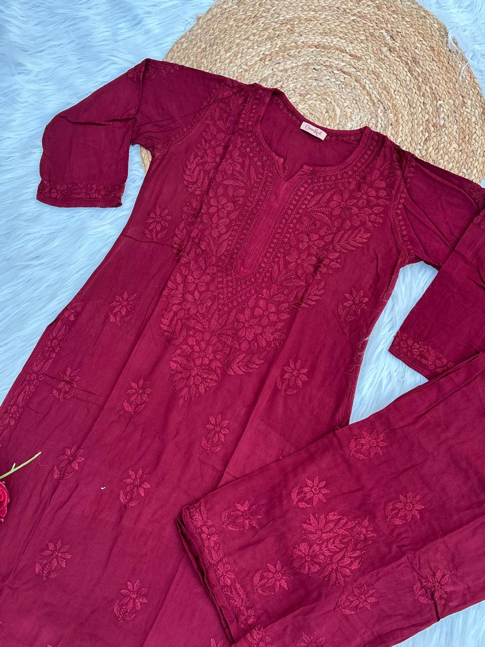Azra Soft Rayon Dyeable Handwork Chikankari kurti Set - Brick Red Colour