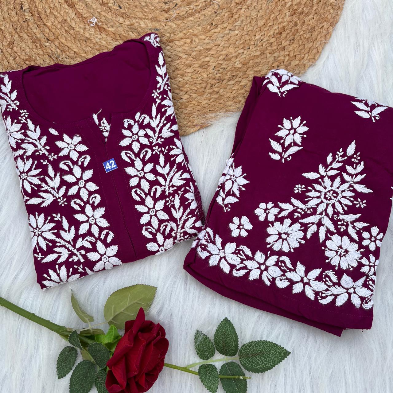 Maya Rayon Chikankari Kurti Plazo Set - Wine Colour