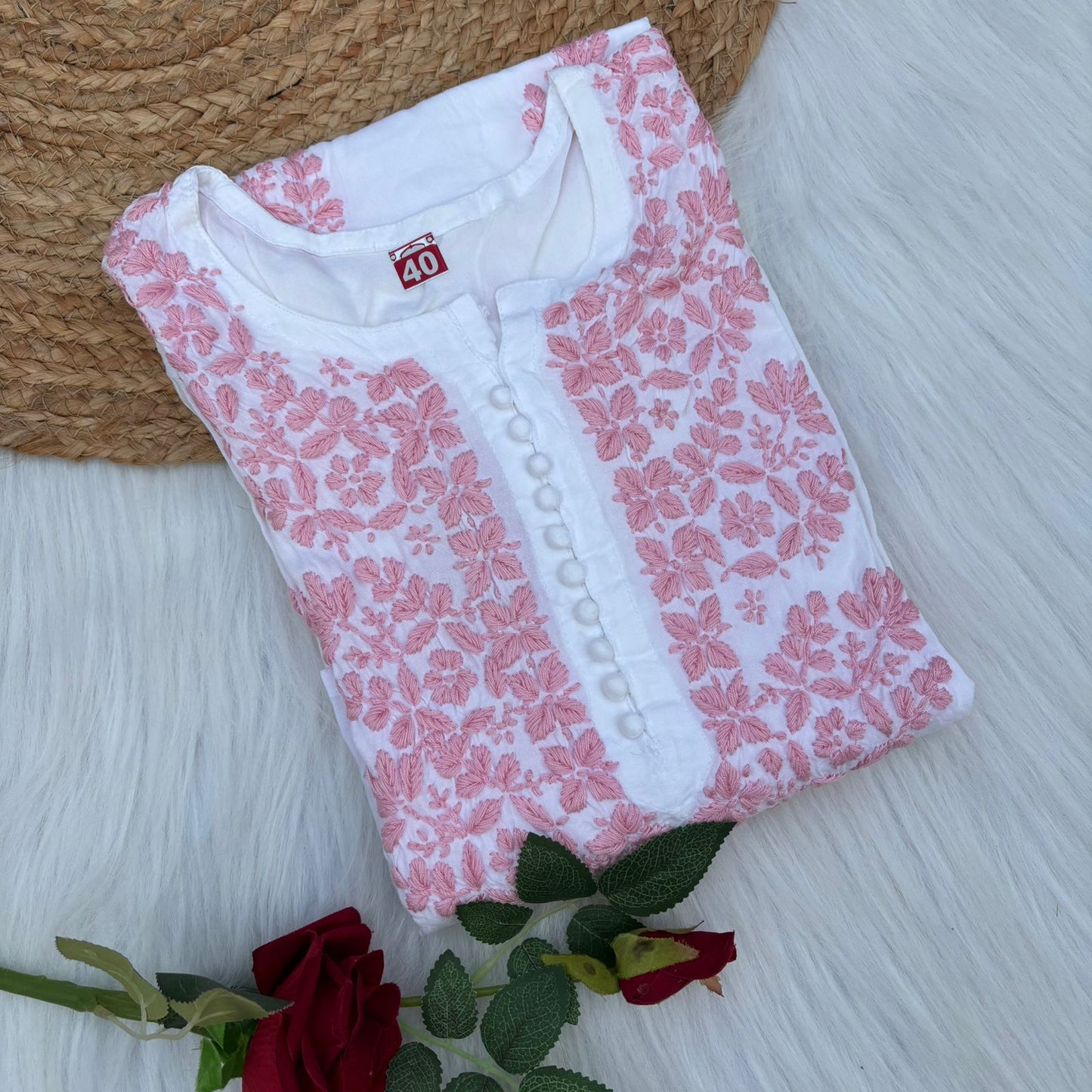Amira Soft Rayon Chikankari Kurti - Pink on White Color - Chikankaar