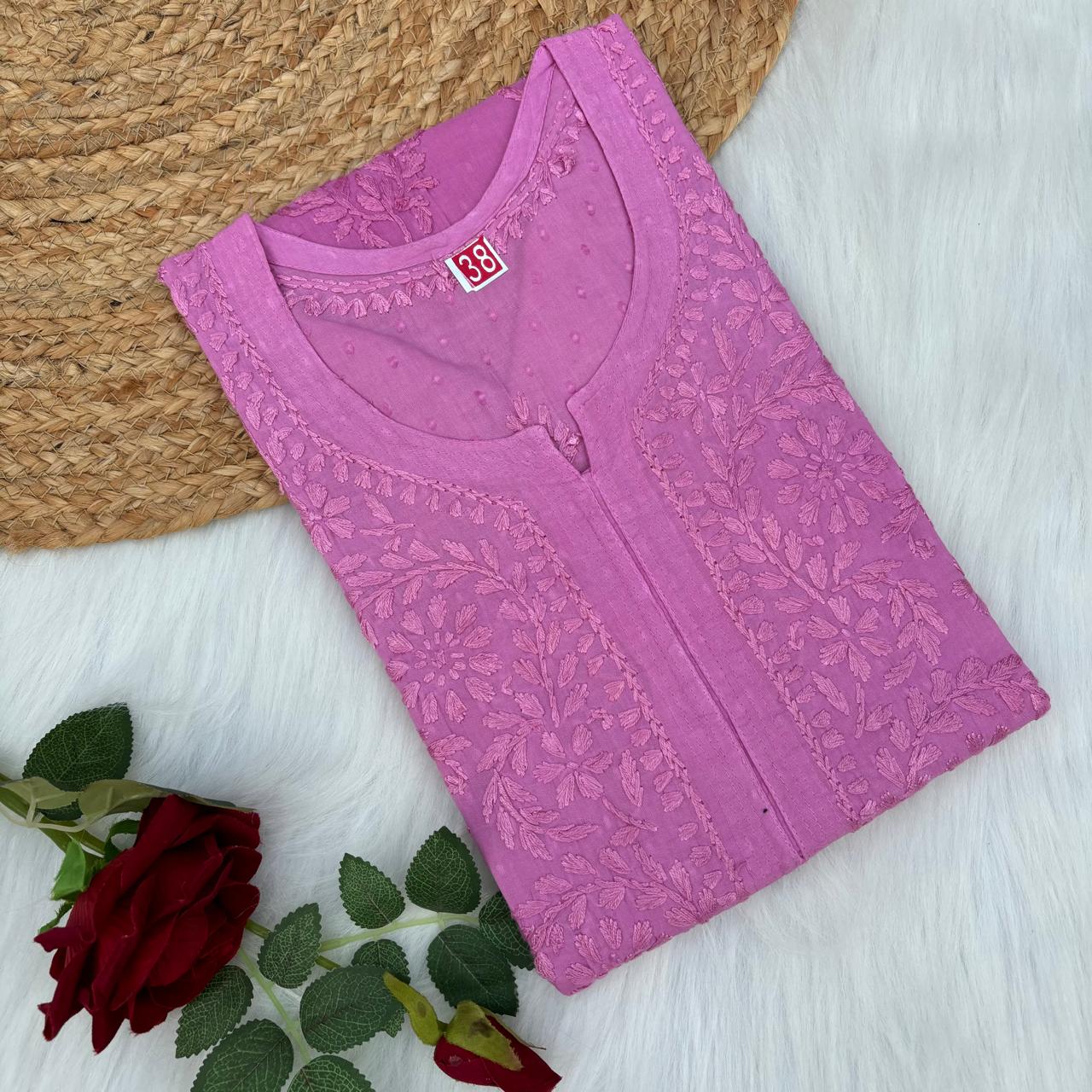 Tuba Ombre Shaded Dobby Cotton Chikankari Kurti - Fuchsia Colour - Chikankaar