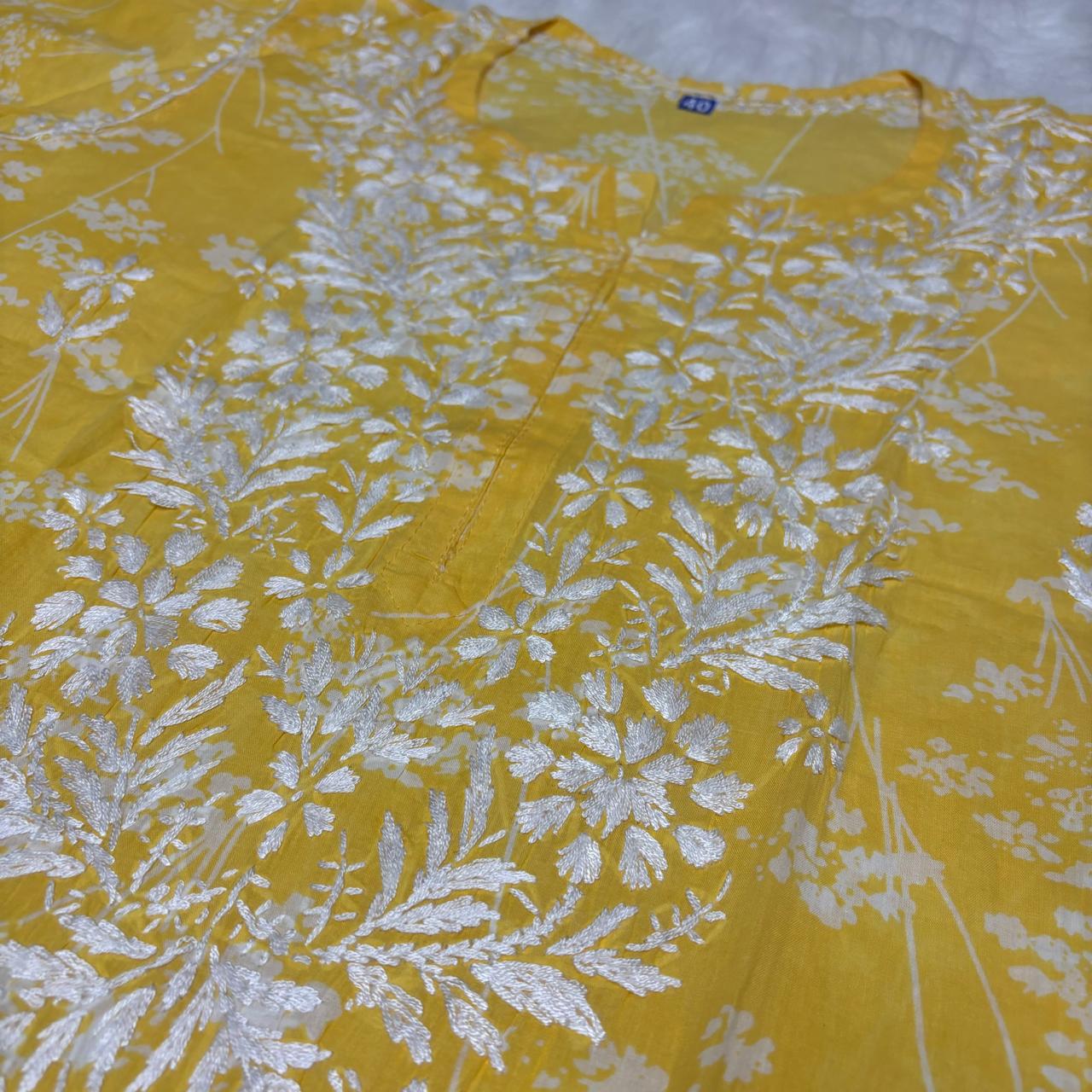 Mahira Sharma Inspired Pure Mulmul Printed Chikankari Handwork Kurti -Yellow Colour - Chikankaar