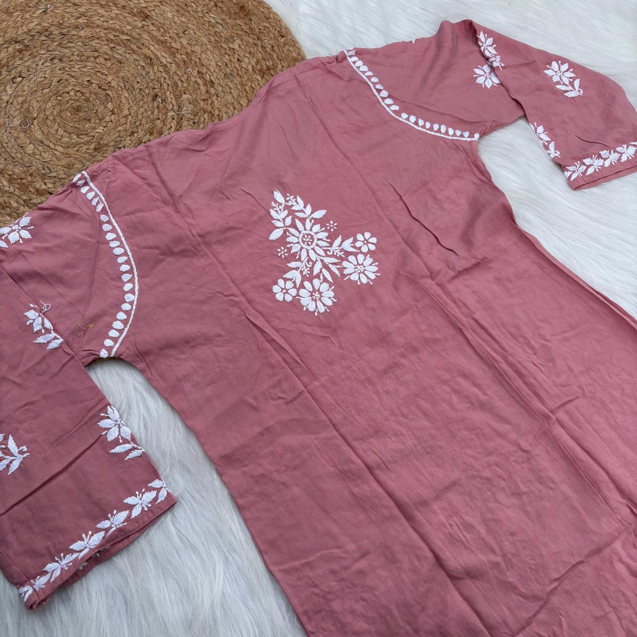 Maya Rayon Chikankari Kurti Plazo Set - Blush Colour