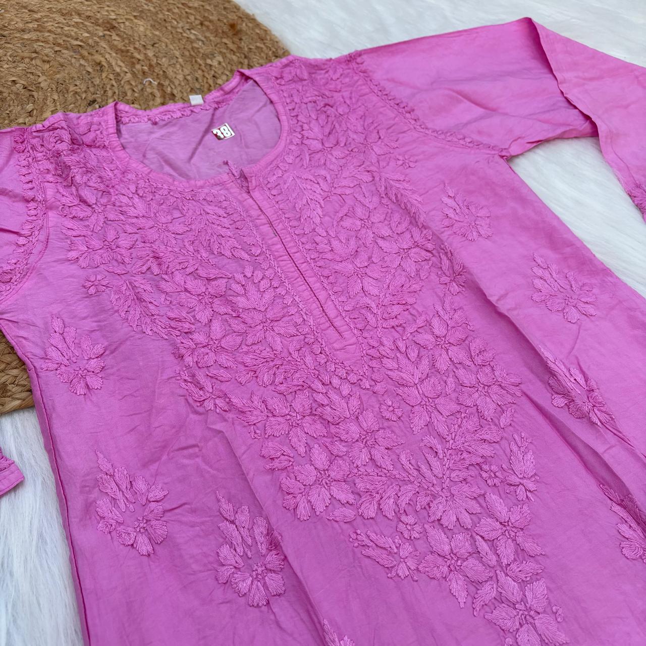 Zooni Chanderi Lucknowi Chikankari Dyed Kurti - Baby Pink