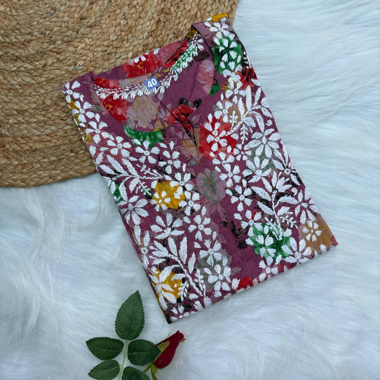 Dhanashree Inspired Mulmul Floral Printed Chikankari Handwork Kurti -Fuschia Colour - Chikankaar