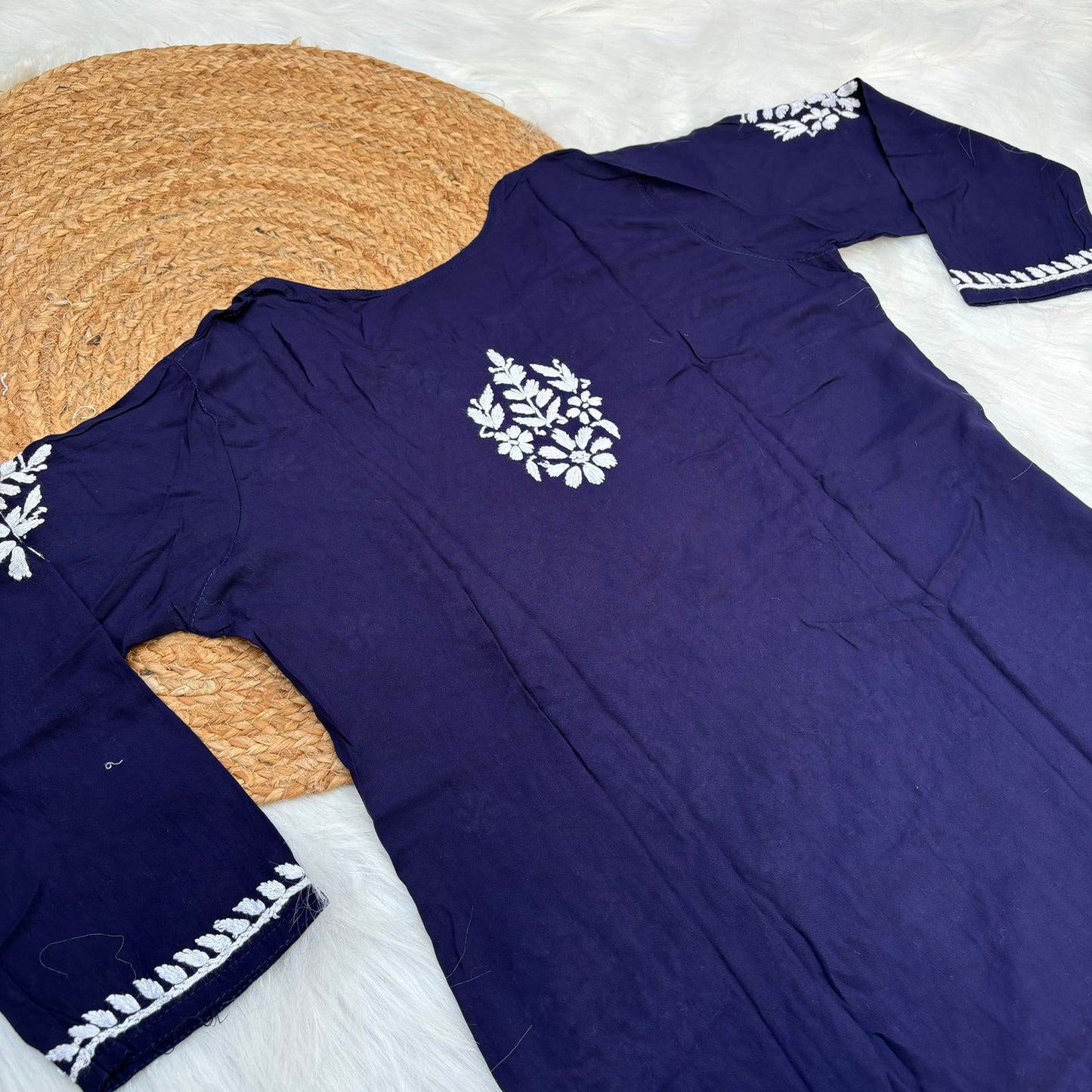 Jannat Soft Rayon Chikankari Kurti Plazo Set - Navy Blue colour - Chikankaar