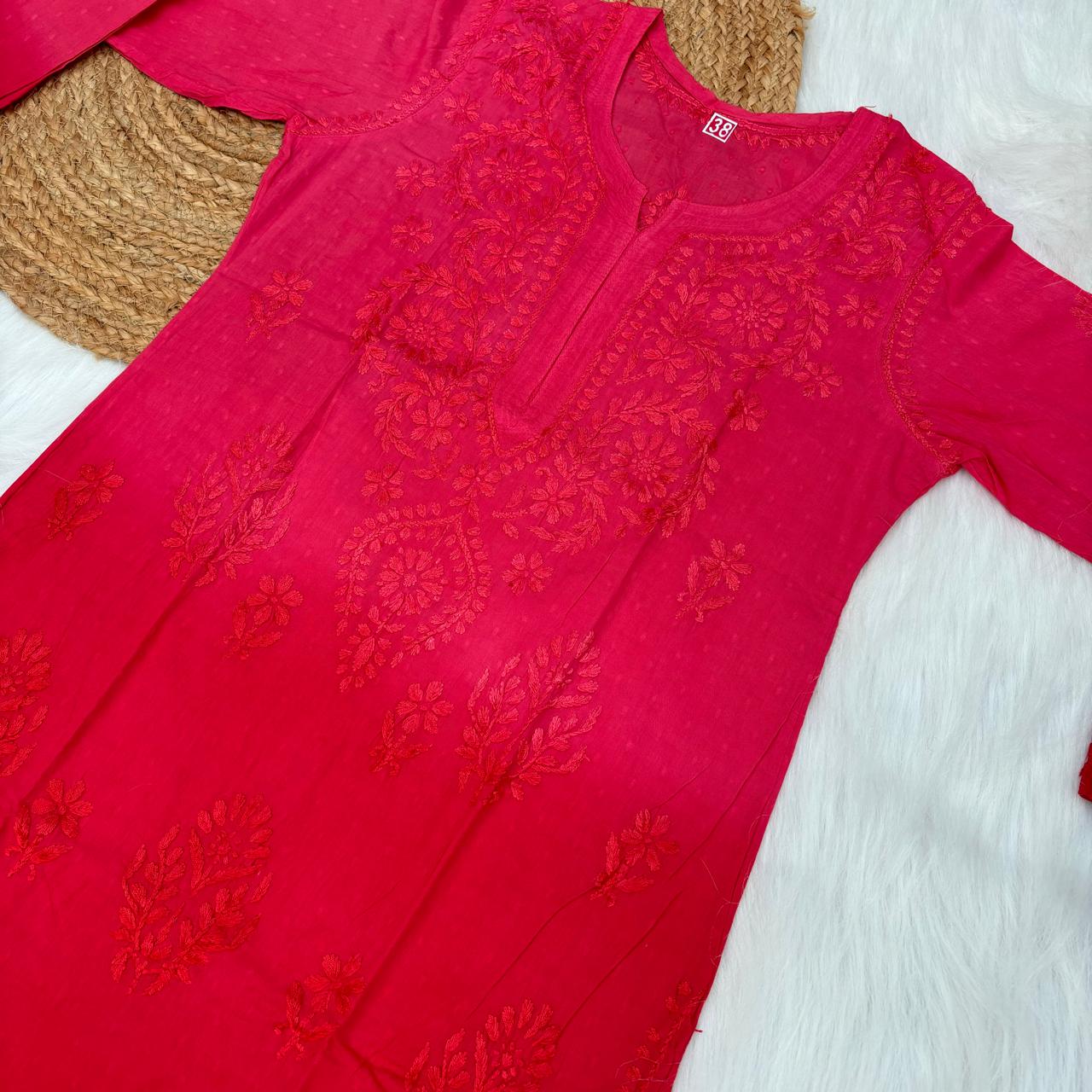Tuba Ombre Shaded Dobby Cotton Chikankari Kurti - Dark Gazri colour - Chikankaar