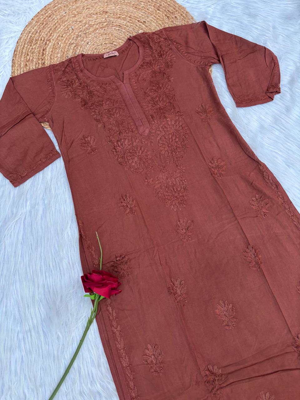 Rabab Dyeable Soft Rayon Handwork Chikankari Kurti - Brown Colour