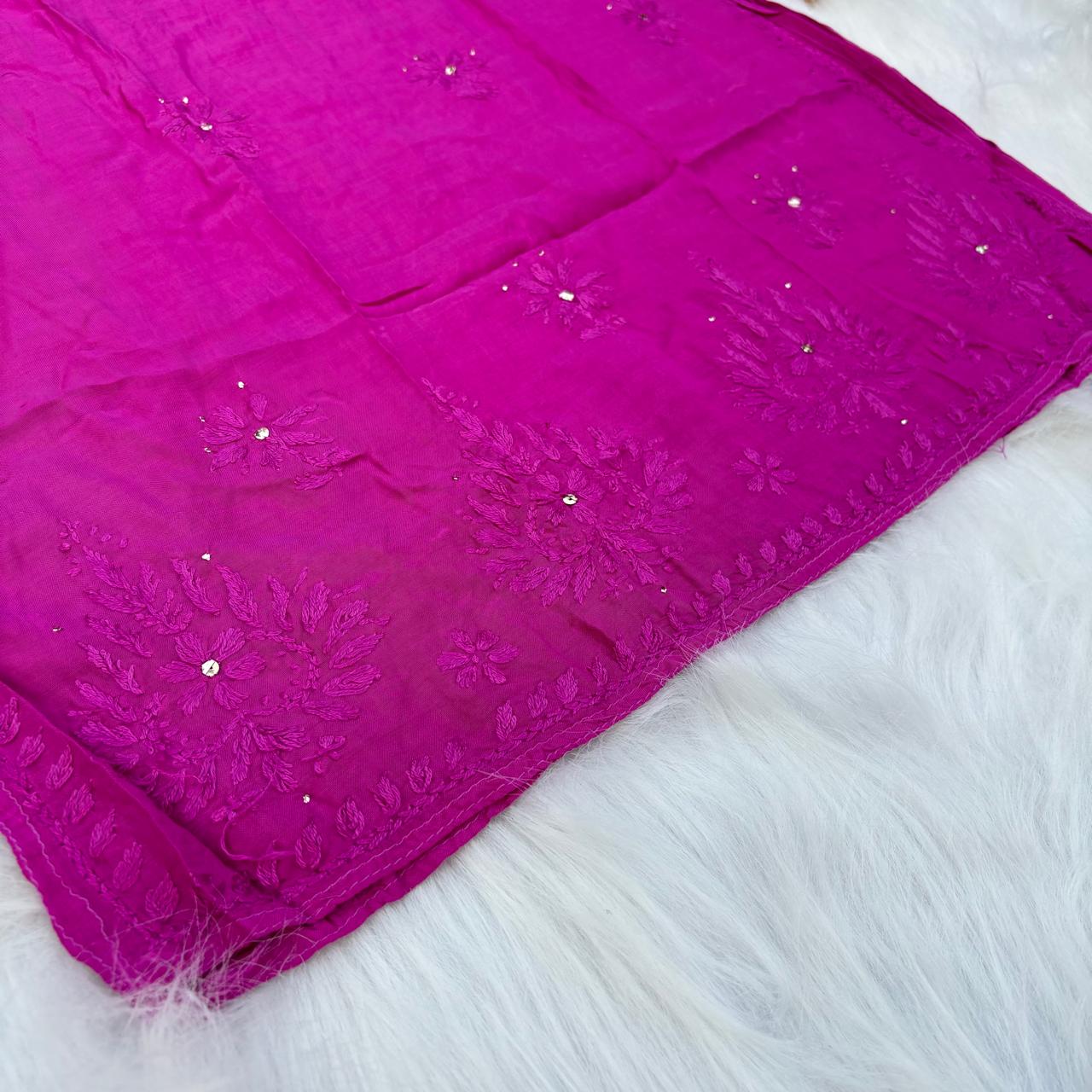 Rakul Preet Inspired Chikankari Muslin Kurti with Mukaish Work - Fuchsia Colour - Chikankaar