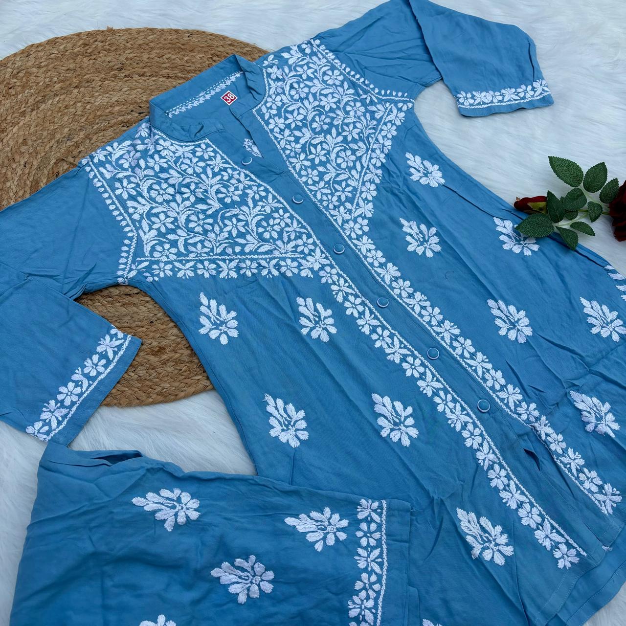 Rihana Rayon Chikankari Short Kurti Plazo Coord Set - Sky Blue colour - Chikankaar