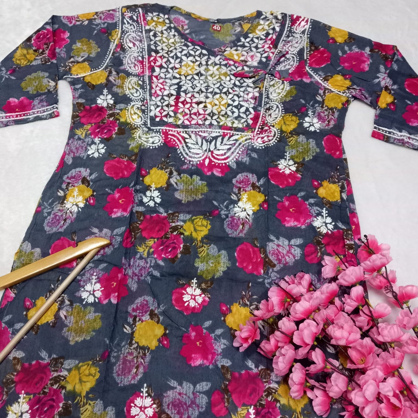 Masooma Mulmul Floral Printed Chikankari Handwork Kurti - Grey Colour - Chikankaar