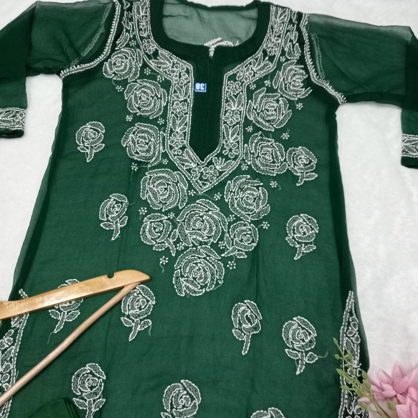 Georgette Chikankari Rose Work Kurti With Pure Cotton Inner -Dark Green Colour - Chikankaar