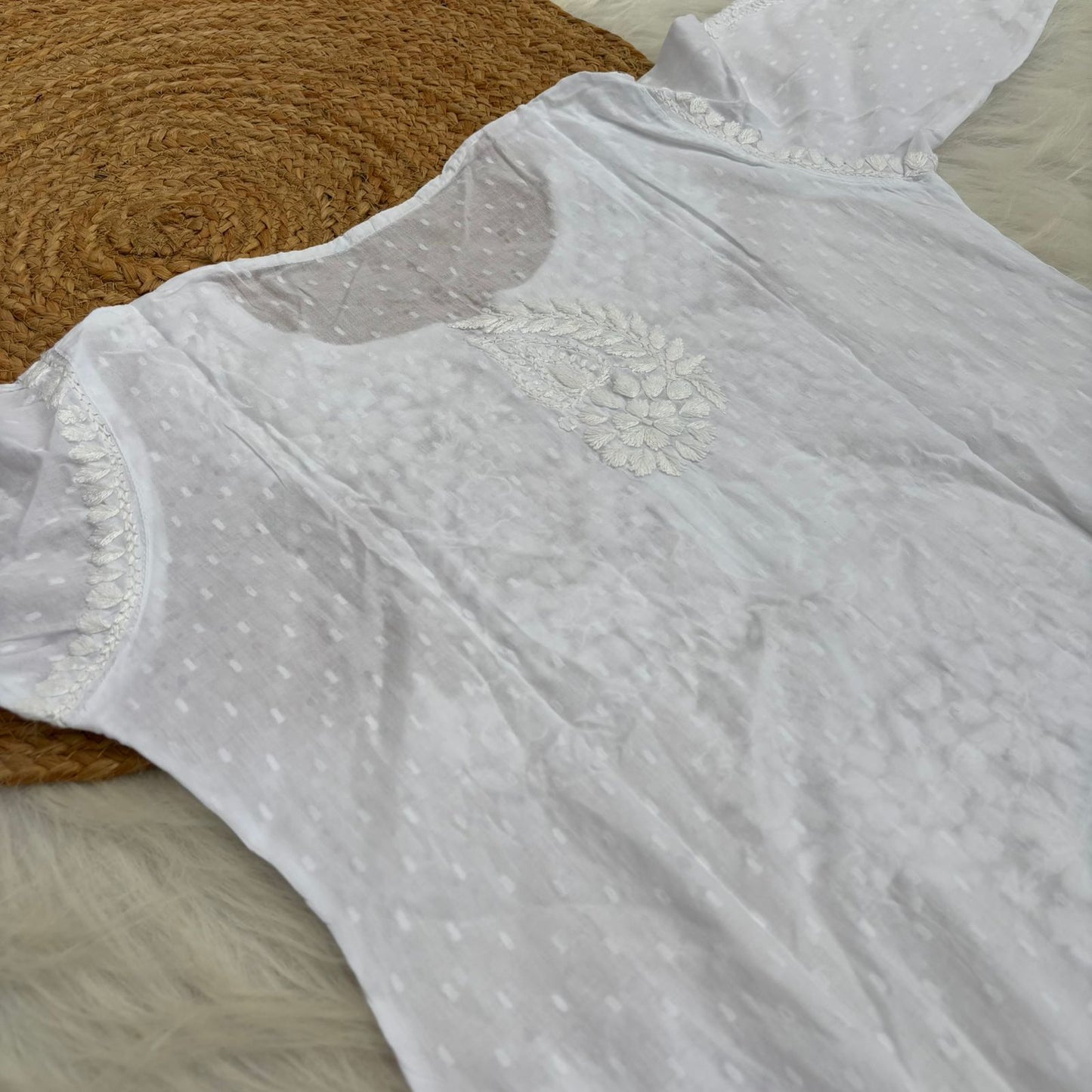 Vani Dobby Cotton Chikankari Kurti - White Colour
