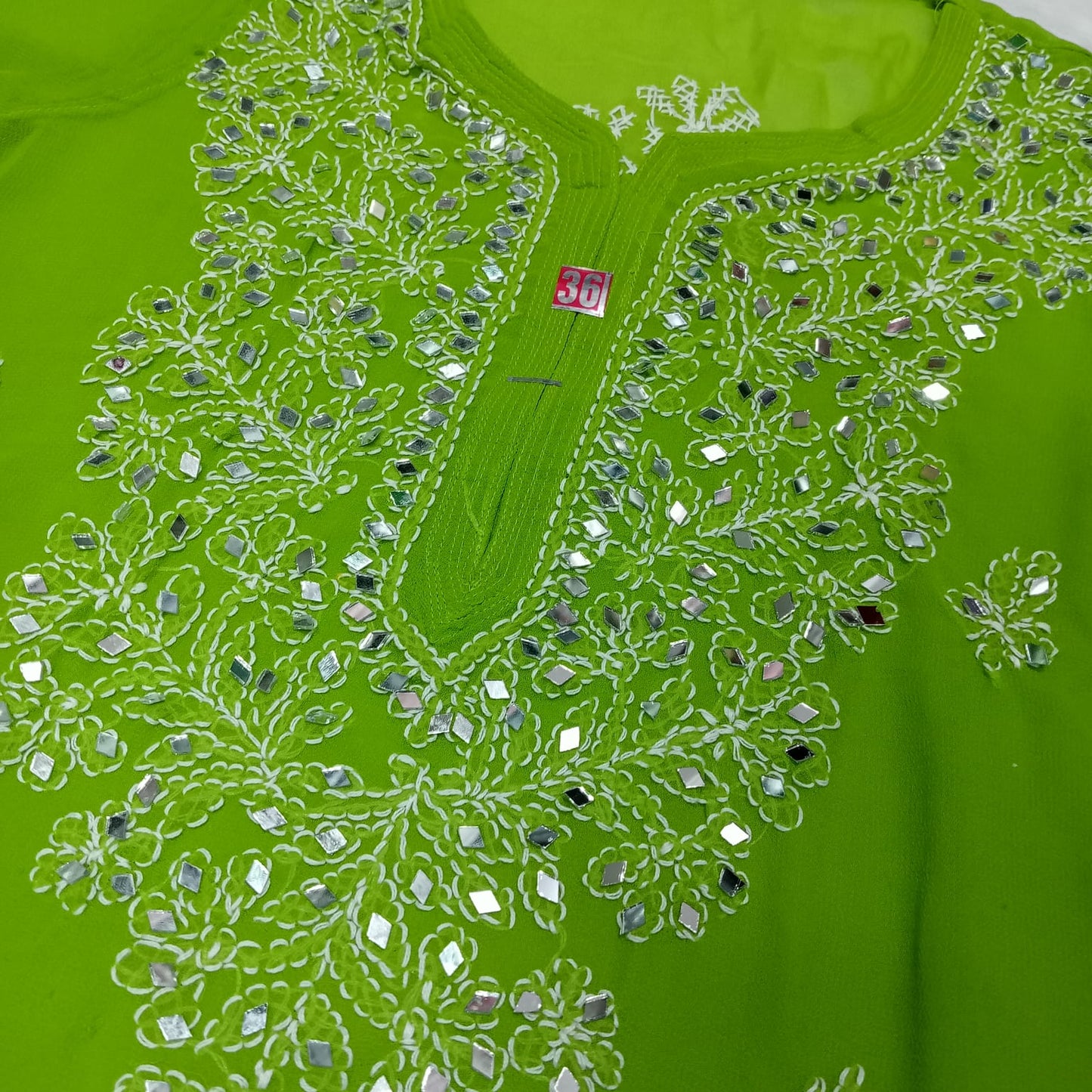 Georgette Mirror Work Chikankari Kurti With Inner - Parrot Colour - Chikankaar